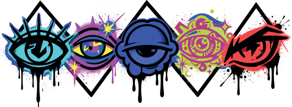 Graffiti Evil Eye Vector Set with Urban Street Art Spray Paint Drip Elements