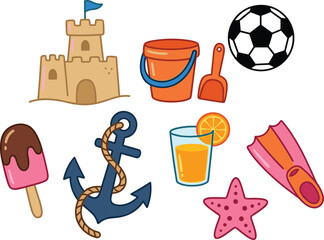 Cute Cartoon Summer Beach Vector Illustration Set with Sandcastle Anchor and Toys Icon Pack © MeheDi