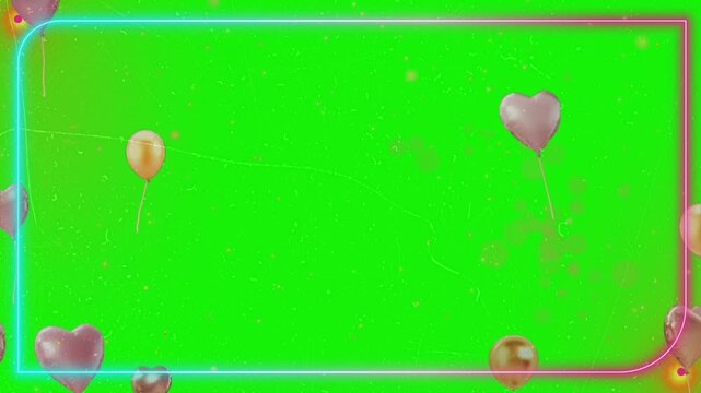 Neon border frames with floating heart balloons over vibrant chroma key green screen background with displays three rectangular glowing frames against video displays