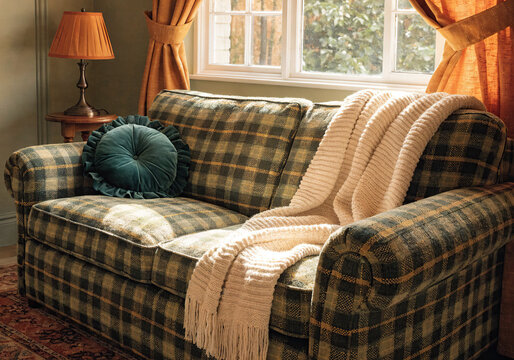 Cozy patterned sofa in a warm living room
