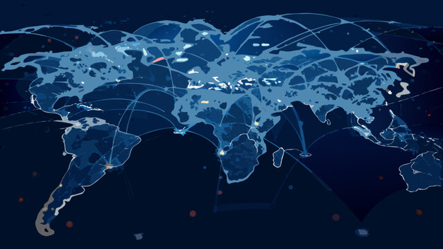 World Map Illustration Showing Interconnected Networks And Data Points With A Dark Blue Background global geographical atlas