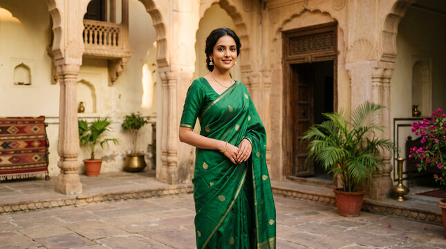 Portrait of a beautiful indian woman in a traditional green silk saree