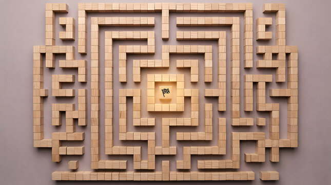 Wooden block maze with checkered flag goal|Complex business strategy and problem solving concept|Navigating a labyrinth to reach a target|Finding the right path to success and achievement
