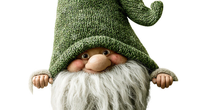 Cute Christmas gnome with green knitted hat and white beard isolated on transparent background.