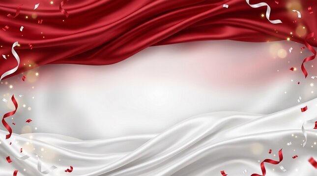 Red and white fabric background with confetti, ribbons, glowing lights, and copy space for Indonesian Independence Day designs.