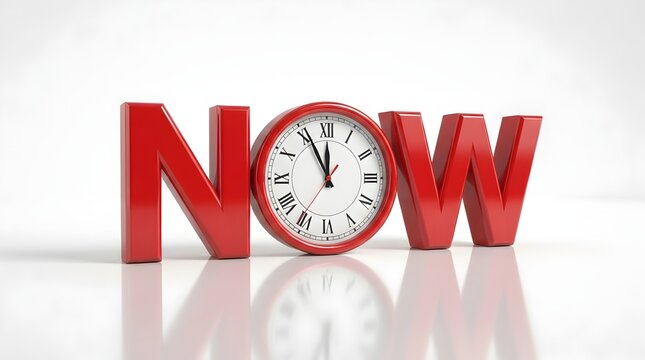  Modern 3D Red Now Text with Analog Clock for Time Management, Urgency, and Deadline Concept on White Background