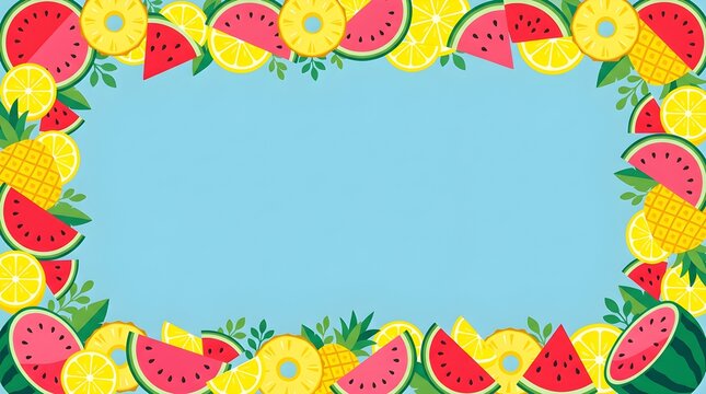 Tropical summer fruit frame border with watermelon, pineapple, and lemon slices