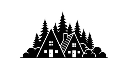 Obraz premium Vector illustration of aframe house silhouette in pine tree forest vector illustration on a transparent background