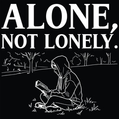 Naklejka premium Alone not lonely elegant lettering with person reading in park landscape illustration