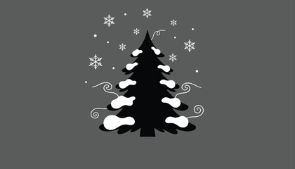 Obraz premium Minimalist winter illustration of a black pine tree covered in white snow with delicate falling snowflakes on a grey background.