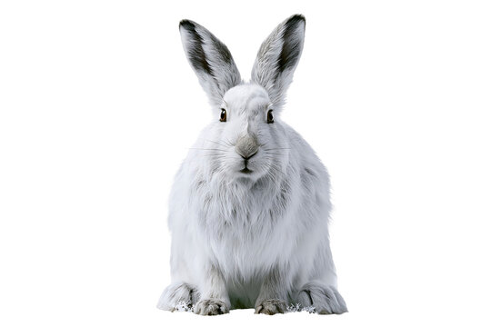 Fluffy white arctic hare sitting isolated on transparent background.