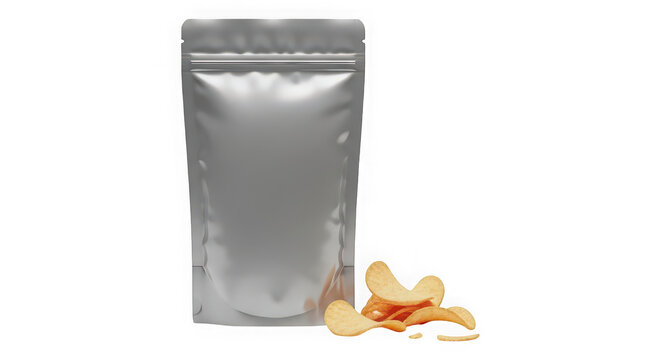 Silver foil pouch bag with a small pile of crispy potato chips