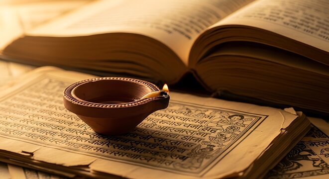 Clay oil lamp diya glowing on ancient sacred hindu religious text book