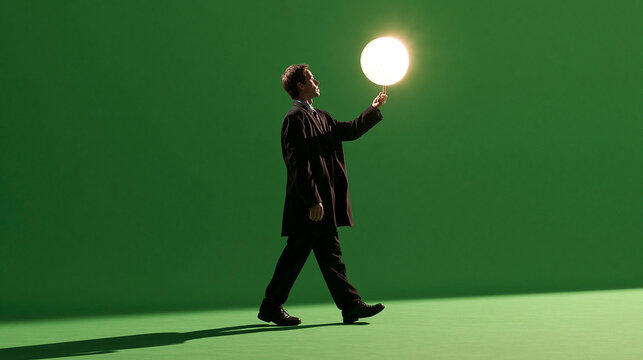 Businessman Holding Glowing Light Bulb Against Green Background
