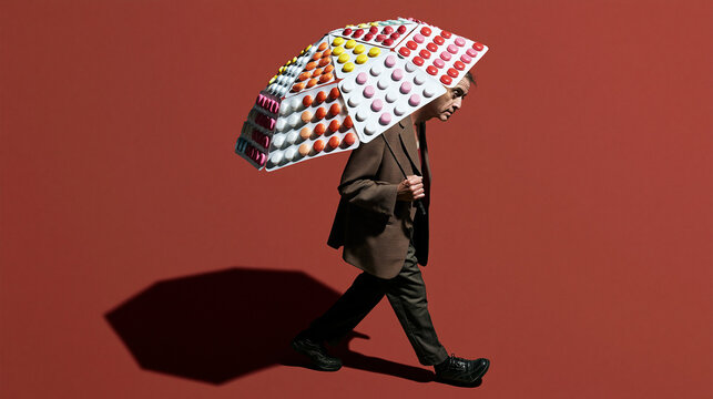 Businessman Carrying Medication Blister Pack Umbrella