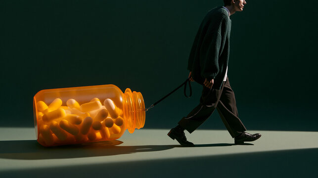 Businessman Pulling Giant Pill Bottle on Leash