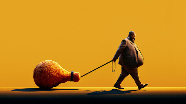Businessman Pulling Giant Fried Chicken Leg on Leash