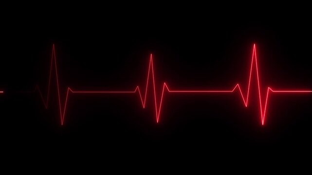 Neon ecg line animation video on black background. Heart beat. Electrocardiogram. One pulse line. ECG heartbeat monitor, ECG monitor, Heart beating and pumping, medical abstract animation.