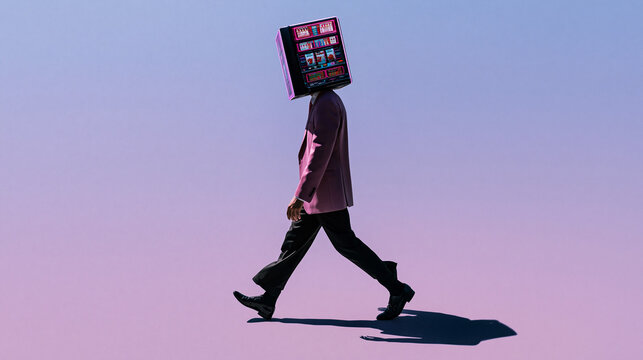 Businessman With Slot Machine Head Walking Against Purple Sky