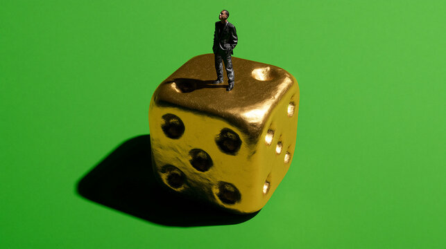 Businessman Standing on Golden Dice Against Green Background