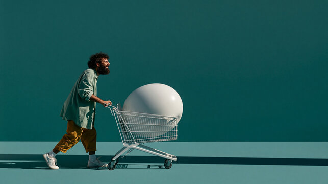 Man Pushing Shopping Cart With Large Sphere