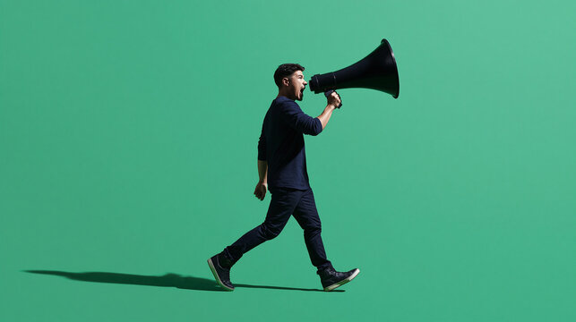 Man Running With Megaphone Against Green Background