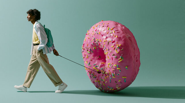 Man Walking Large Pink Donut Obstacle on Leash