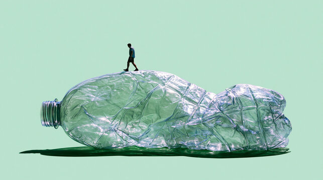 Man Walking on Giant Crumpled Plastic Bottle Against Green Sky