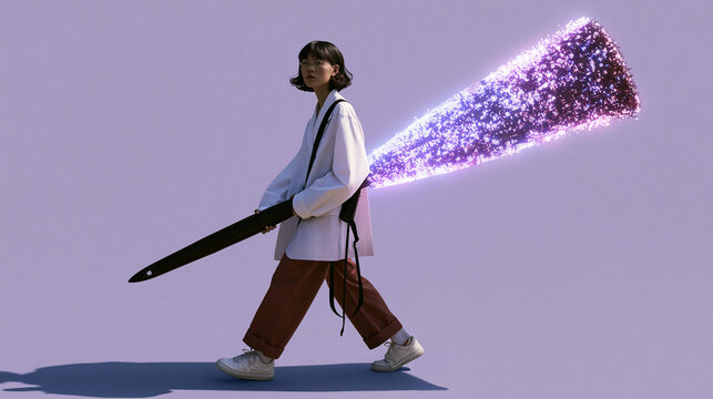 Woman Wielding Glowing Digital Sword of Power