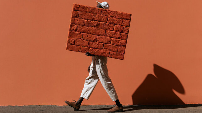 Worker Carrying Large Brick Wall Against Orange Background