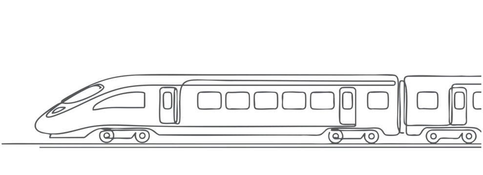Continuous one line drawing of modern high speed train isolated on white background, minimalist outline illustration featuring passenger railway transport, sleek locomotive, connected railcars.