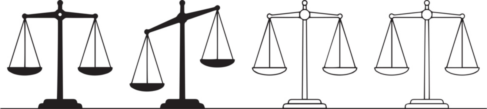 Set of balance scales in different styles on one surface.