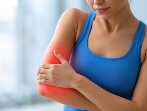 Elbow pain ache. Woman touches massaging her sore elbow due to acute joint pain. Glowing red light on hand arm area showing a severe muscle spasm tendon strain arthritis or sport injury symptom visual