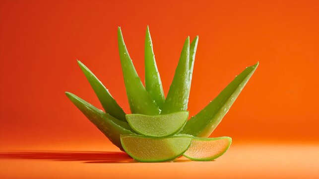 Ultra realistic aloe vera arrangement displayed on a minimal vibrant orange background, multiple thick green leaves with one cut section exposing translucent inner gel, centered composition, 