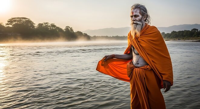 Indian sadhu standing in holy river at sunrise for spiritual ritual