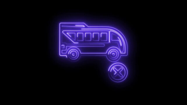 Neon purple bus icon with a red cross symbol indicating cancellation or prohibition against dark