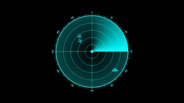 Digital radar screen interface with UFOs, airplanes, and a scanning beam on a black background with copy space. Airspace scanning and target tracking animation.