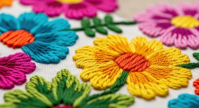 Colorful embroidered flowers on fabric closeup.