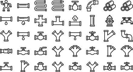 Fototapeta premium Plumbing Pipeline and Water Supply Icon Set with Industrial Valves, Connectors, Pipe Joints, and Drainage Fittings Vector Line Illustration