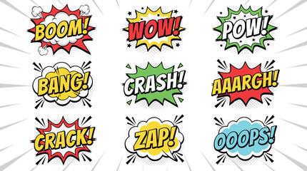 Comic Book Speech Bubble Set with Boom, Wow, Pow, and Crash Text for Pop Art and Superhero Designs © SM