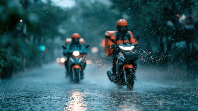 Two delivery scooters race through a rain flooded avenue with glowing headlights