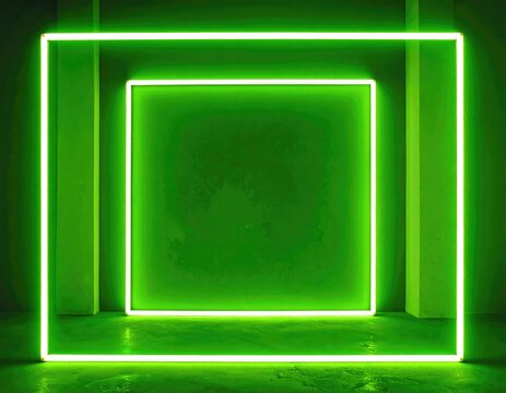 Bright green neon squares layered in a dark, minimalist space