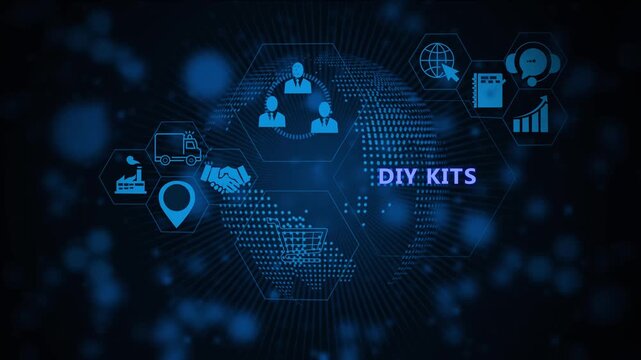 Digital diy kits concept with animated global business and network connectivity infographics featuring corporate symbols for e-commerce, logistics, and industrial management solutions