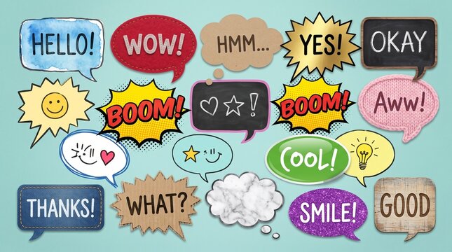 Set of colorful comic book speech bubbles with various expressions and exclamations for creative design projects and chat communication bubbles illustration