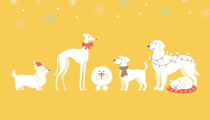 Fototapeta premium Group of adorable white dogs of different breeds wearing festive christmas scarves, hats, and lights on yellow background.