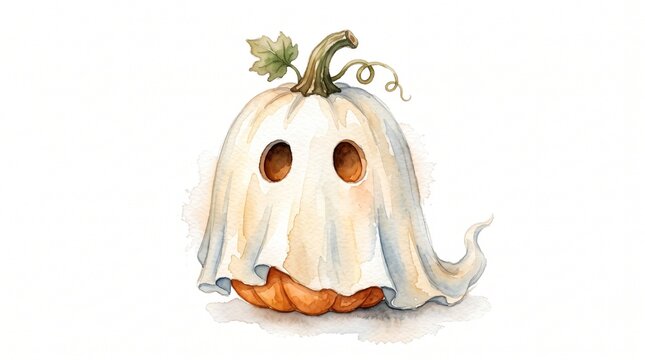 Cute watercolor illustration of tiny pumpkin wearing ghost sheet costume isolated on white background for Halloween