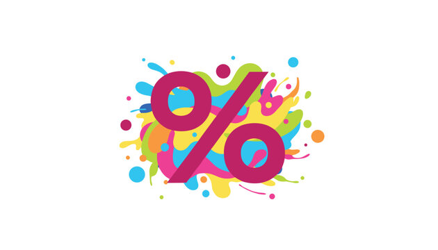 Bold magenta sales percent sign surrounded by vibrant colorful paint splatters and splashes on clean white background.