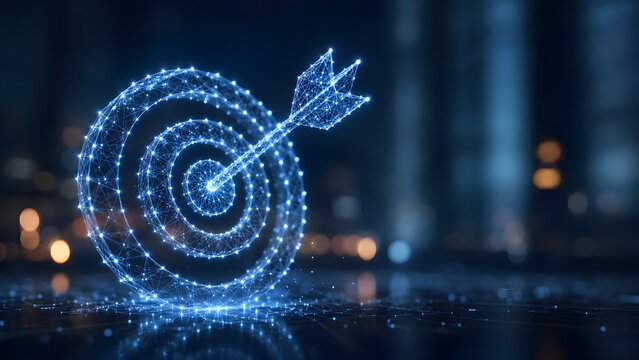 Glowing blue digital network target with arrow hitting bullseye representing precision marketing strategy and technological business goals