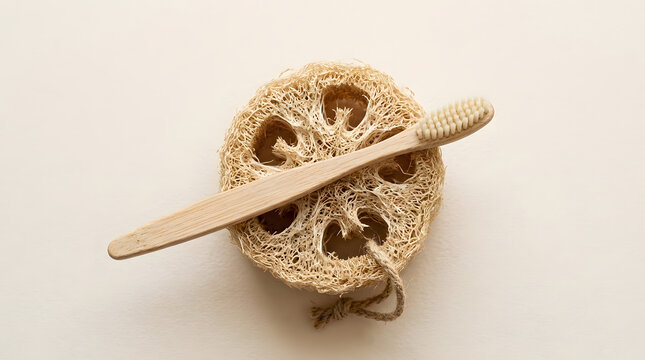 Eco-friendly bamboo toothbrush and natural round loofah sponge on a minimalist beige background