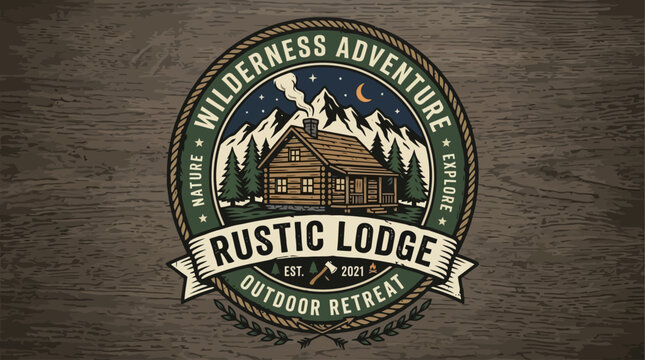 Vintage rustic lodge logo badge with cabin and mountains on wood background